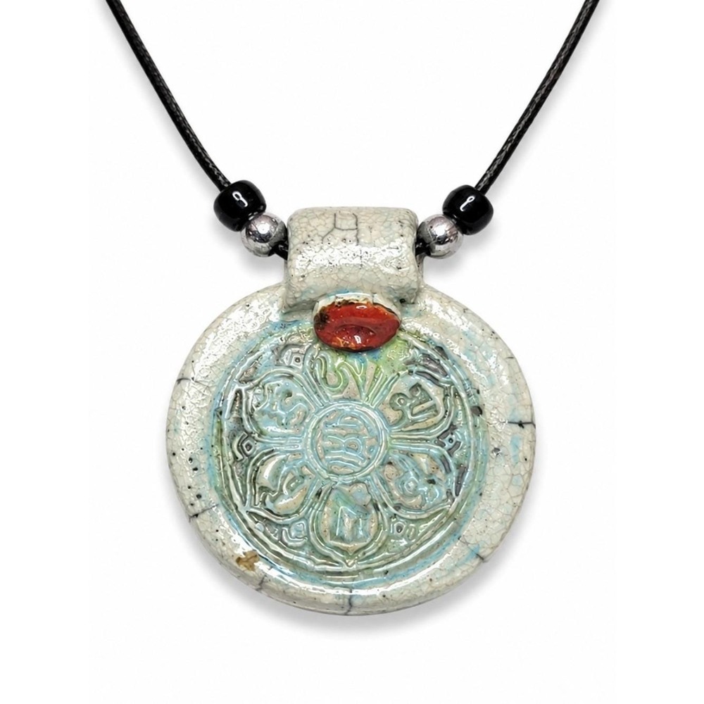 Artisan Ceramic Pendant Necklace Raku Pottery Boho Statement Medallion 20"
